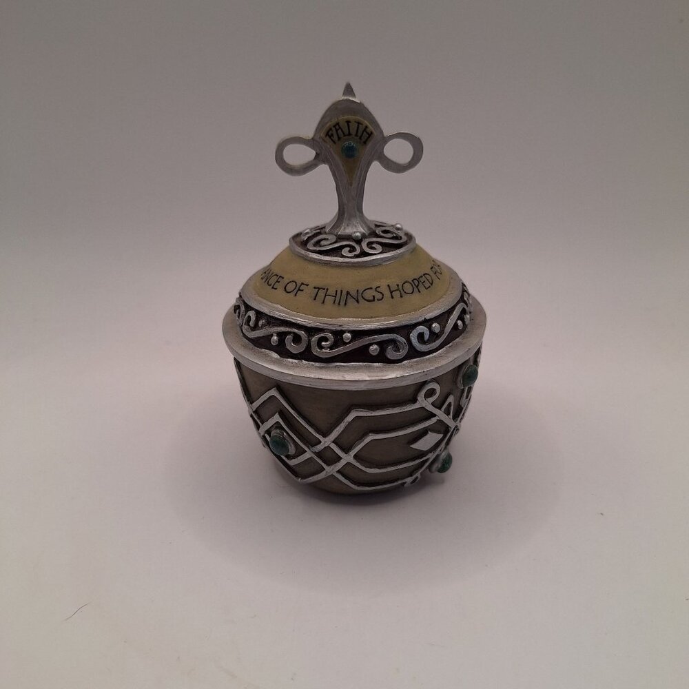 SPIRITUAL HARVEST FAITH PRAYER BOX GREEN JEWELED SILVER TONE RELIGIOUS